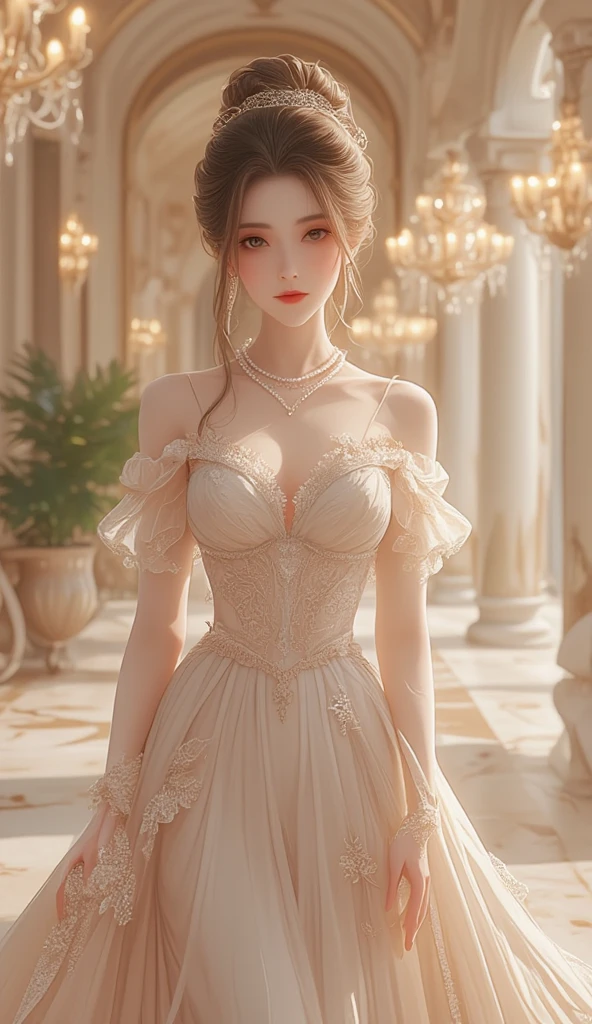 princesselise, stark, brava, feminine, femininity, white, medium brown hair, long hair, Wavy hair, medium brown eyes, nose hand is thin, sexy princess dress, White, few freckles on the nose, not very thin