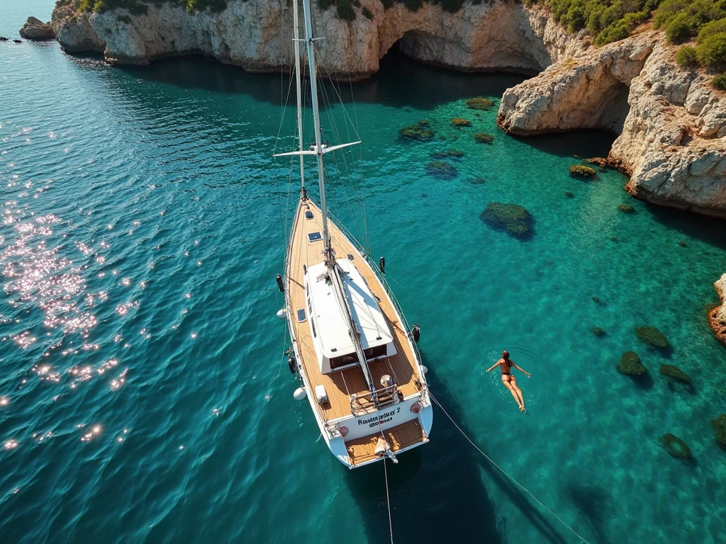 Create an 8K UHD image that embodies the enchanting call of the sea and the warmth of the sun's embrace. Focus on the play of light and shadow on the water's surface, with a couple basking in the sun on a sailboat. The image should evoke the feelings of passion and romance as described in the tweets. Emphasize realistic rendering to bring out the details of the sunlit scene.
