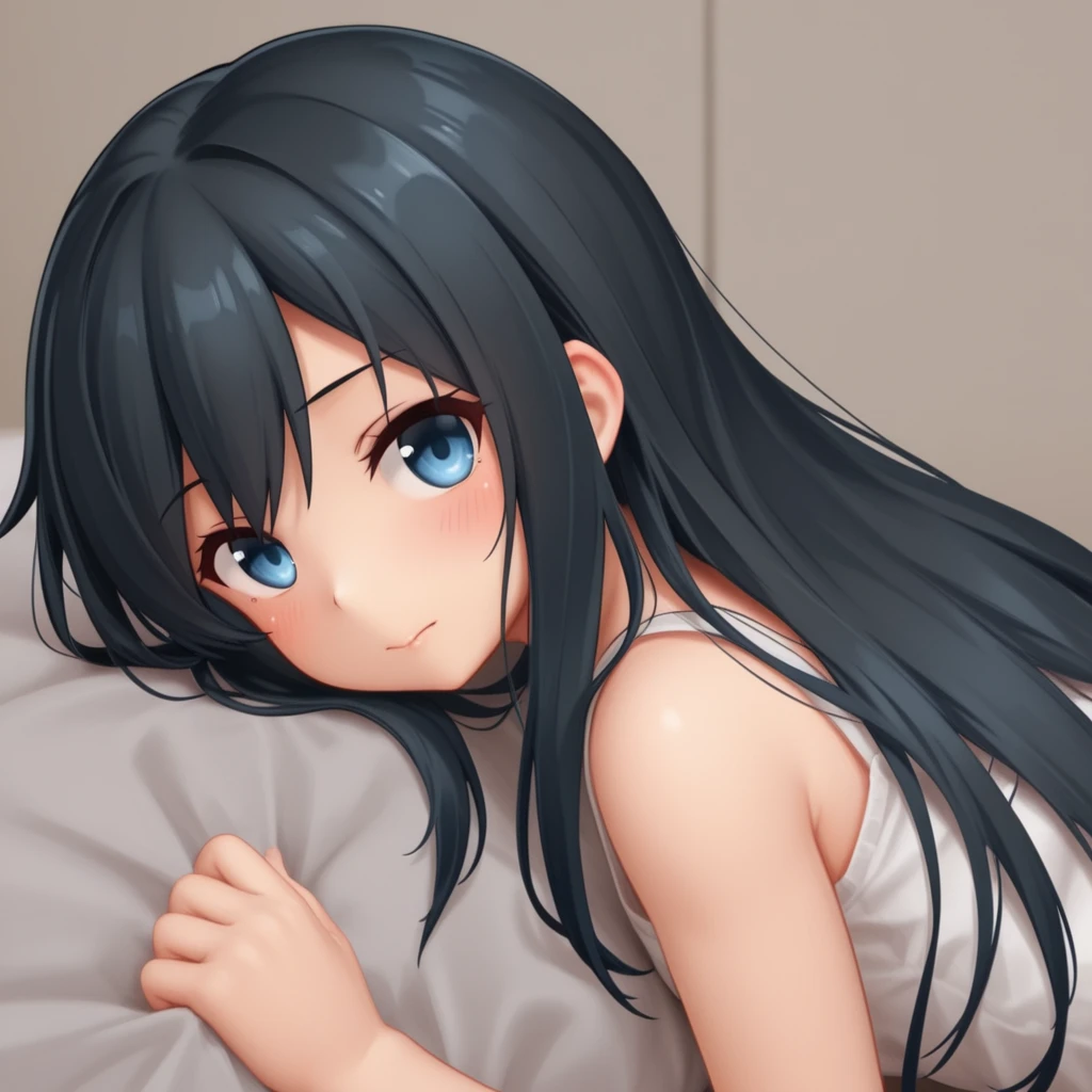 (masterpiece:1.4、top-quality、illustration:,realistic、)、(character focus、,full body:1.3)、(1girl),(clear face:1.3),(exact limbs:1.4),cute face,blue eyes、(tareme:1.3)、(),
(),(Laying around in bed:1.4),、
(grey hair),(long hair:1.5)、
,(her room:1.3),（loose Room wear:1.5),
(blunt bangs),(sidelocks:1.3), (small breasts:1.2)、
、slender、
