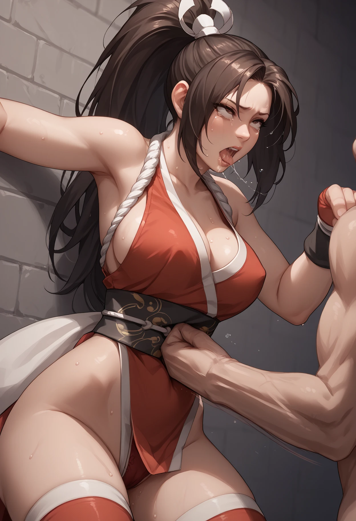 ((1 mature mother and her young son)),Delicate details on the lips,a milf,artstationh trend,intricate face details,curvy physique,(thick body),vibrant,4k,12k resolution,seductive,  mom boy seductive ippo makanaochi, ( naked,  hard nipples, slim body, slim leggs, long leggs,  bondage, shibari , cameltoe, hands covering chest, srayer,  look at viewer: 1.2), ((sad expression, open lips, pussy, vagina, naked, toples,:1.4)), in the dark basement 