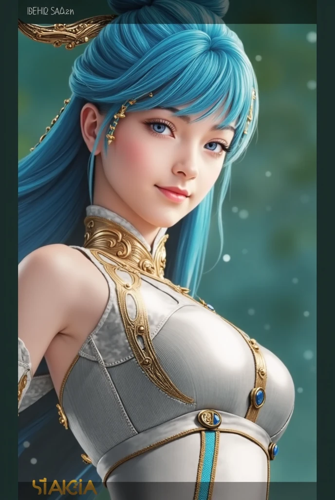 Ultra-detailed complex 3D rendering of the face, (Colossal breasts: 7.8), glamour shot full body image, no bra, long hair, viewer view, wearing intricate yellow metal leggings on the legs, wearing super armor with high exposure (shiny skin),((Realistic lighting, top quality, 8K, masterpiece: 1.3)), Clear Focus: 1.2, 1 girl, Perfect figure: 1.4, (cleavage) Ultra-detailed intricate 3D rendering of face, effects, jeweled in intricate detail, beautiful porcelain profile: 1.2), big,, sexy swimsuit, (surreal), (ultrareal), (high resolution), (8K), (very detailed), (beautiful detailed eyes), (best quality), (super detailed), jewels with intricate details, one girl, solo, long hair, wind, Gorgeous face, top quality, masterpiece, maximum detail, diffused lighting, (blue hair: 1.3), Valhalla Valkyrie, beauty, facial muscles