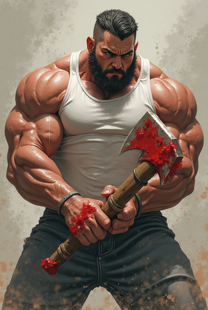 Homme musclé avec couteau plein de sang dans les mains et du sang sur la bouche
