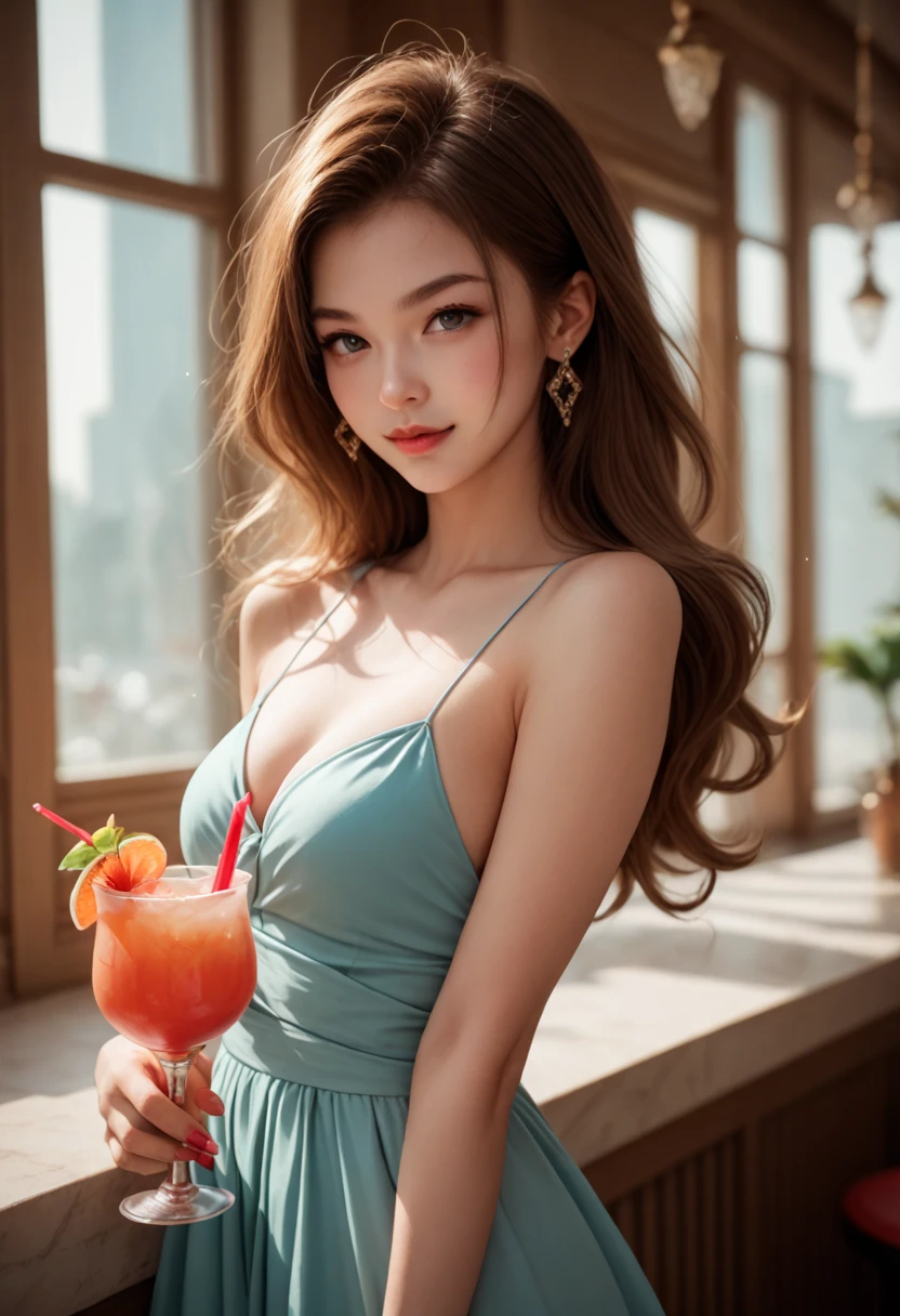 (8K, Raw foto, Best Quality, Masterpiece:1.2), (realisitic, Realistis:1.37), Ultra-detailed, 1 Girl,The large, Solo,Beautiful detailed sky,dated,(nose blush),(Smile:1.1),(closed mouth),(Huge breastbone：2.0), seductive smile smugly, movie light, Sony A7R4, Jesse 50mm f1.8,Beautiful detailed eyes,(Red sexy mini dress:1.1),(Blonde-haired Karak:1),Raised head, floating hair, Outdoor open-air café table, Outdoor fountain, A lot of people, Turning around,