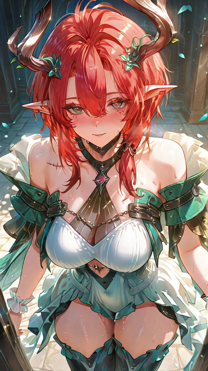 (score_9, score_8_up, score_7_up, score_6_up, score_5_up, score_4_up), masterpiece, best quality, high_resolution, 8k, UHD, 1girl, detailed, extremely detailed, best anatomy, (large breasts), long hair, red hair, bangs, ponytail, hair ornament, elf ears, indoor, in bed room