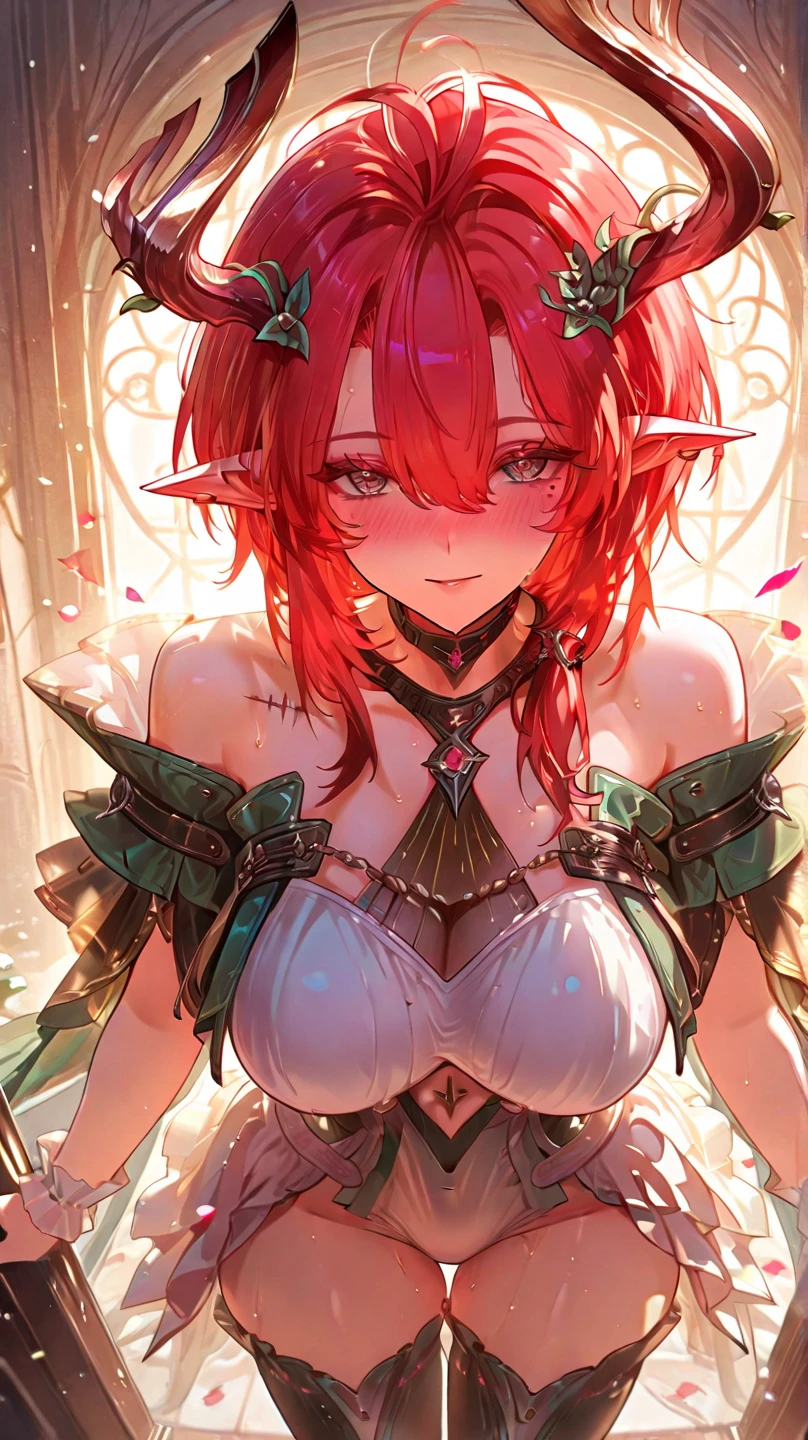 Brilliant colors,Beautiful woman in tight and elegant knight's armor with surreal details, Delicate and sharp eyes,close-up,atmospheric perspective,1girl,dragon girl,valkyrie,armored dress,large breasts,pointy ears,long hair,red hair,streaked hair,crown braid,purple eyes,slit pupils,tsurime,upturned eyes,evil,determined,best quality,Amazing,masterpiece,ultra detailed,8K,cool,sharp focus,