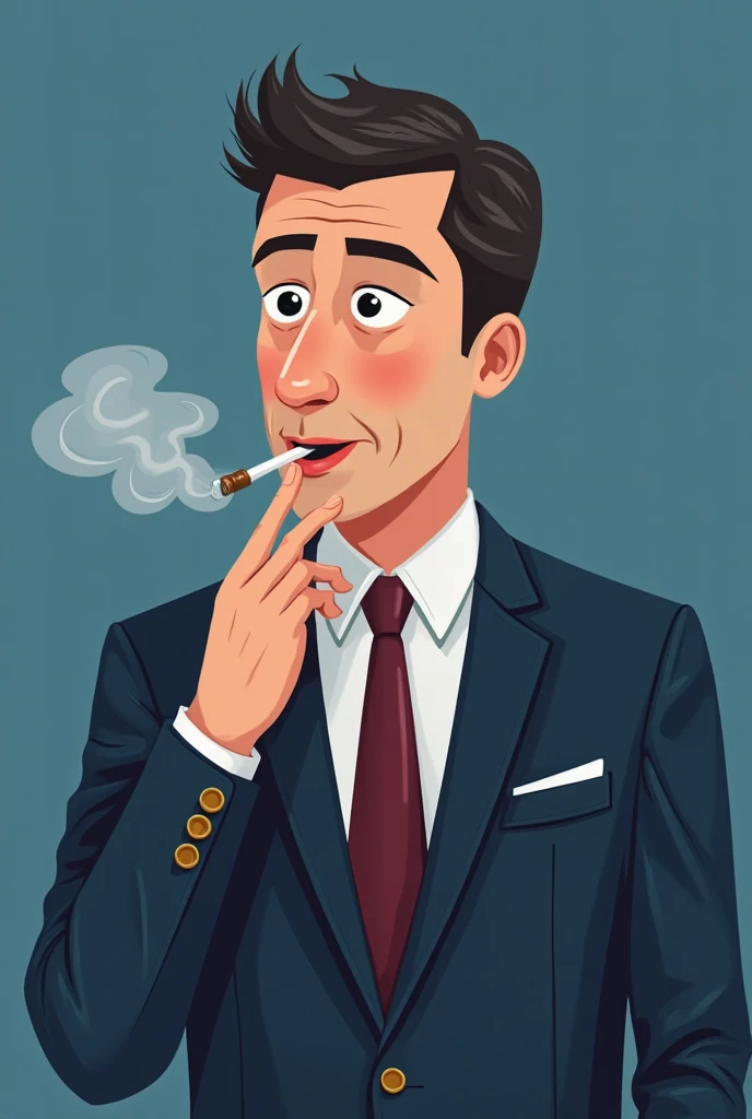 Animated man sitting on a chair smoking a pipe, Comics style, Comics illustration, Jeremy, Cartoon image, Comics, رسام الComics, alex, Comics, dressed as a manager , Comics!!!, Jeff, In cartoon style, رسام الComics, Comics, Wearing a suit, one leg over the other, 2D drawing, white background 