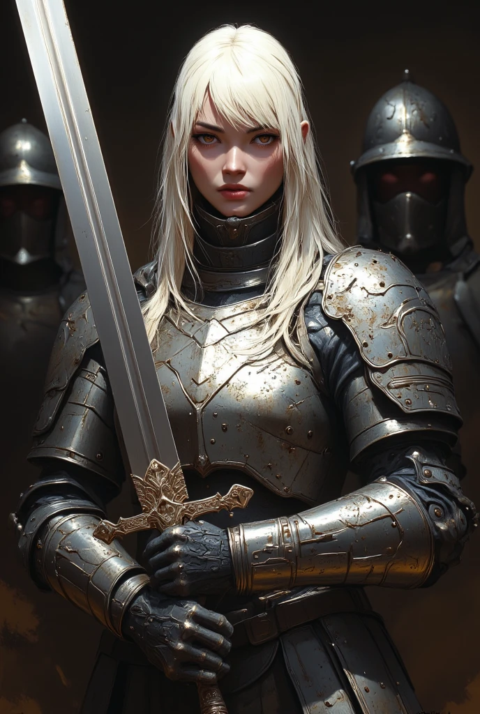 Detailed face Portrait, a woman queen, wearing queen (closed heavy armor:1.6), crown, white hair, freckles, detailed face, dark atmosphere, witcher, w1tch3r1c4rdstyl3 <lora:w1tch3r1c4rdstyl3:0.7>