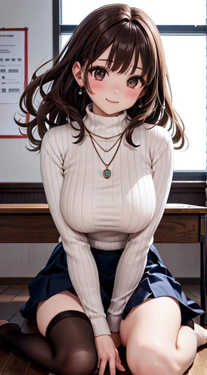 ((Tabletop, highest quality, High resolution, , Perfect Pixel, 4K,))), 1 female teacher, single, alone, beauty、The whole body is visible、 ((Long Wavy Hair, bangs, Brown Hair)), ((Brown eyes, Beautiful eyelashes, Realistic eyes)), ((Detailed face, Blushing:1.2)), ((Smooth texture:0.75, Realistic texture:0.65, Realistic:1.1, Anime CG Style)), Medium , Dynamic Angle, Perfect body, (( , ,  Beige Turtleneck Sweater, Rub your  with both hands、)), 、、Very embarrassing panic smile, 、、classroom、、Spread your legs、Sitting on the floor、(Light blue floral lace panties)、Angle from below)、