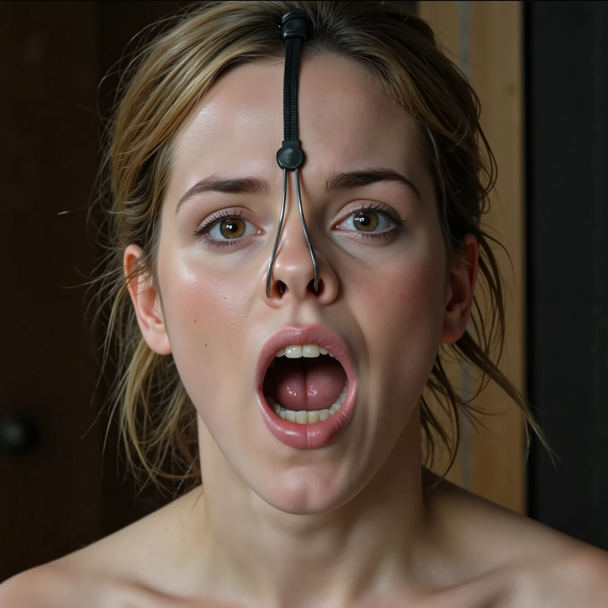 A beautiful perverted woman very similar to Emma is shown off with a nose hook attached to her with her nasal cavity widened and her embarrassed face