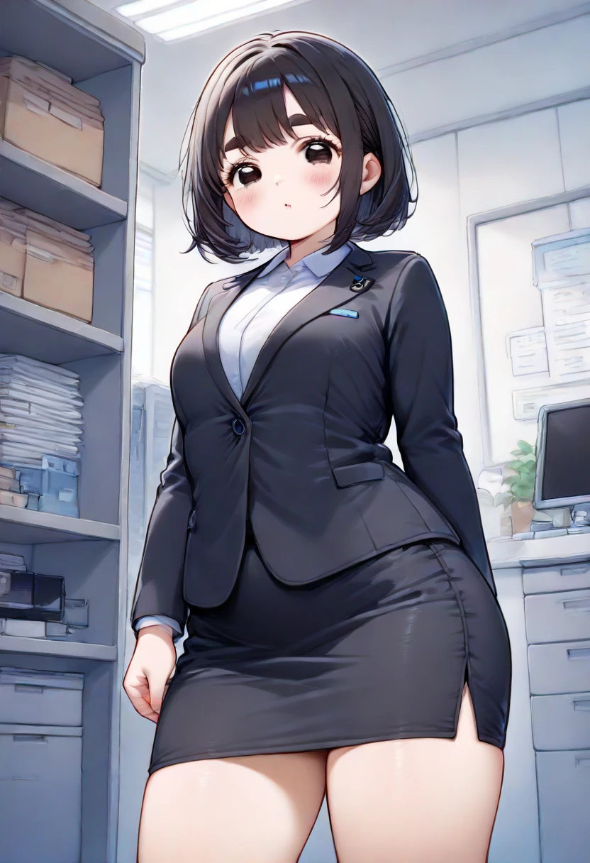((High resolution)), masterpiece, high quality, 最high quality, beautiful, Perfect lighting, Detailed face, Super cute face,, ((One girl)), ((alone)), Fluffy hair, Short Hair, blue eyes, ((blush)), Embarrassing, Nervous, shy, View Viewer,office lady ,suit,skirt,tights, (Thick thighs), (Wide Hips), ((Chubby)), (Chubby belly), Cleavage, ((Big Breasts)), 20-year-old female, standing in an office, (office), Daytime,((chubby)),full body,toe,shoses
