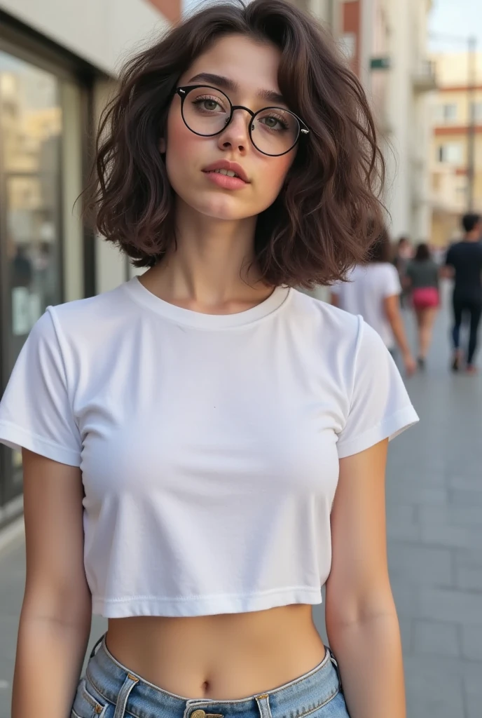 (best quality,4k,8k,highres,masterpiece:1.2),ultra-detailed , short bob cut black hair,fair skin, brown eyes,tight cotton unbuttoned gray transparant clothes, micro mini short pants, white frame glasses, seductive ,bright colors, bright lighting, indoor private suite classy room, night time