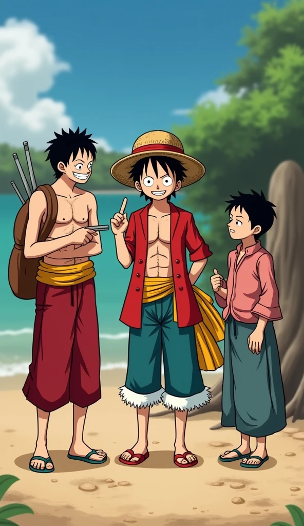 Monkey D. Luffy and a fraternal twin brother beside him. They look exactly alike in heights and appearance. One twin is wearing a hat while the other is not wearing a hat. The twin that is not wearing the hat has golden brown fur in areas like Sun Wukong. They look like seventeen years old.