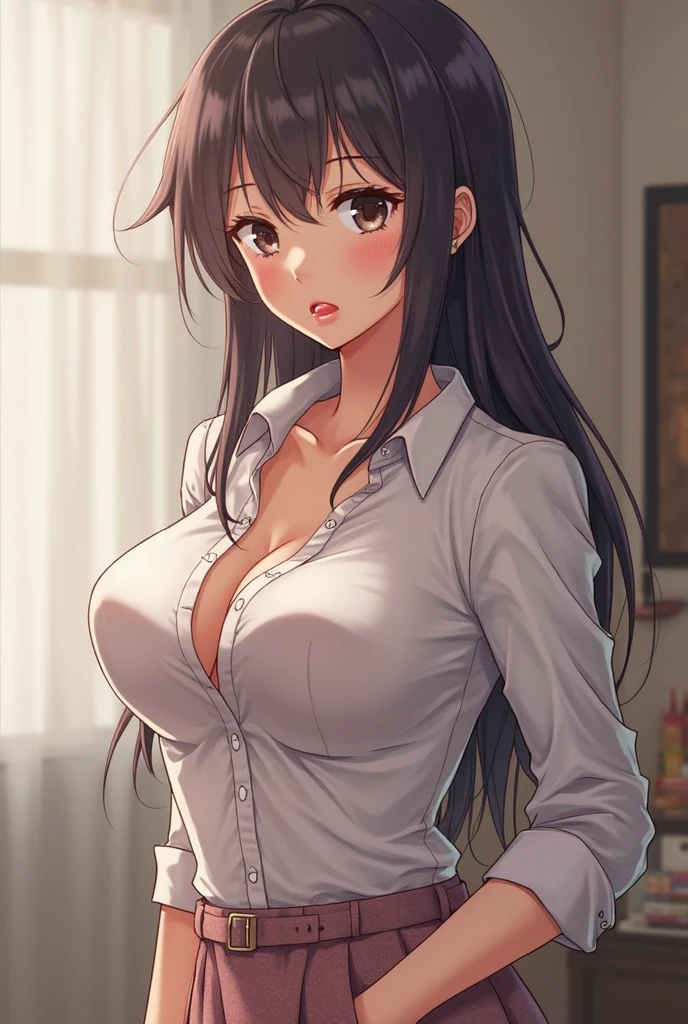 the artist has captured the essence of a beautiful woman with huge breasts, 1girl, breasts, long hair, cleavage, looking at viewer, solo, shirt, skirt, white shirt, doorway, bangs, wet, large breasts, pov doorway, standing, brown eyes, brown hair, collarbone, blush, collared shirt, open mouth, door, blurry, indoors, black skirt, wet clothes, open door, long sleevesblush, blurry background,((erotic)),((((photo real)))),((((Super-Realism))))(fisheye lens)(((aphrodisiac)))