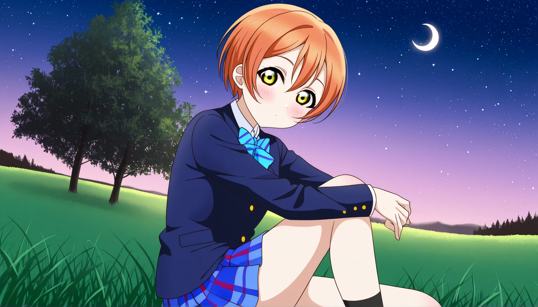 1girl, hoshizora rin, striped, short hair, blush, otonokizaka school uniform, lovelive_rin black blazer, blue plaid skirt, blue stripe bowtie, orange hair, very short hair, hair between eyes, yellow green eyes,knee up,crescent moon, stars (sky),looking at viewer,outdoors, sky,grass,tree,