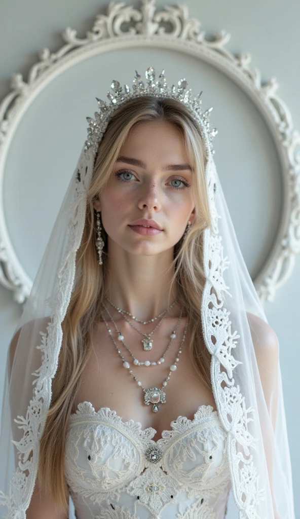 1girl, boudoir portrait, detailed hair, detailed eyes, looking at viewer, blue eyes, sparkling eyes, detailed skin, detailed face, sharp focus, cleavage, shoulder, clavicle, strapless dress, elegant pose, intimate setting, cross pattern backdrop, metallic material, luxurious texture, reflective surface, soft lighting, glamorous atmosphere, stylish lingerie, detailed fabric, sensual vibe, sophisticated ambiance, modern decor, high-quality photography, blush, perfect illumination, blonde hair, long hair, bangs, jewelry, gradient pink, earring, realistic, necklace, tiara, gentle smile, side lighting,