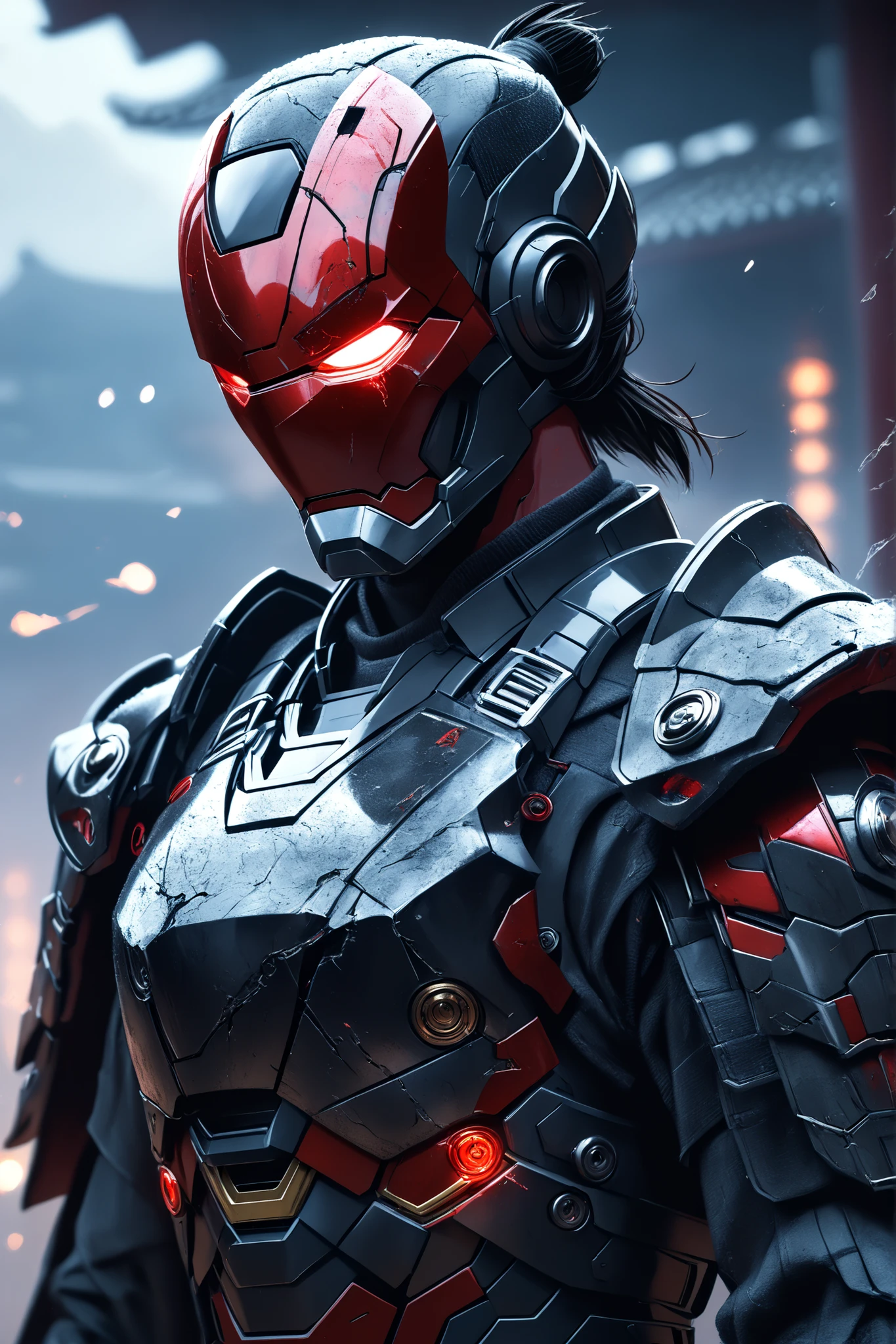 ((EXTREME QUALITY)), ((RAW Ultra 4K)), ((Masterpiece)), ((Ultra Cinematic)), ((High Detail)), ((HDR lighting)), ((digital painting)), ((film grain)), ((soft depth of field)), ((close-up angle)), ((moody shadows)), ((photo-realistic textures))
A stealth samurai-inspired Iron Man with dark futuristic armor, intense close-up of his upper torso and helmet, lone glowing eye behind a cracked faceplate, shoulder-mounted katana hilt slightly protruding from behind the left shoulder, visible tactical cloak with worn textures, high-tech HUD flickering across the visor, subtle reflections of glowing red HUD lights on the inner armor, faint damage marks across his armor plating, ambient particles and ash floating in the air, cinematic shadows, foggy background suggesting infiltration, light hitting one side of his mask dramatically, atmosphere of tension, silence, and honor, lone ronin in a futuristic world
