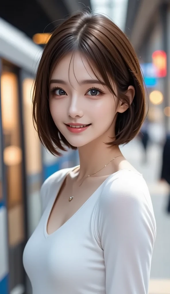 masutepiece, Best Quality, Illustration, Ultra-detailed, finely detail, hight resolution, 8K Wallpaper, Perfect dynamic composition, Beautiful detailed eyes, Women's Fashion,Very short hair,Small breasts natural color lip, Bold sexy poses,Smile,Harajuku、20 years girl、Cute、Sexy shot looking at camera