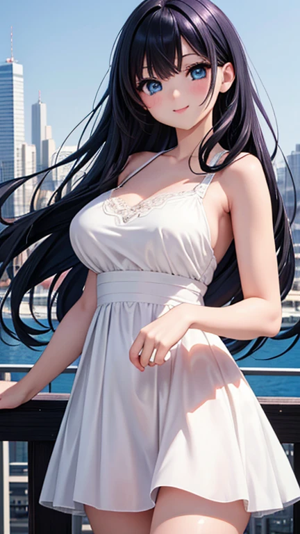 masterpiece, Highest quality, One Girl, Thighs, beautiful girl, Flowers, たくさんの小さなflower, flower、Tight waist, RAWphotograph,Bright lighting、Face Light, Ultra-realistic, High resolution, photograph, Sharp focus, Highly detailed eyes and face,Symmetrical face, whole body、Long black hair、チラリと見えるThighs、Emphasized cleavage、((Lace sleeveless shirt、Transparent long skirt、Walking briskly))、Seaside、Showing off cleavage、Breasts are visible