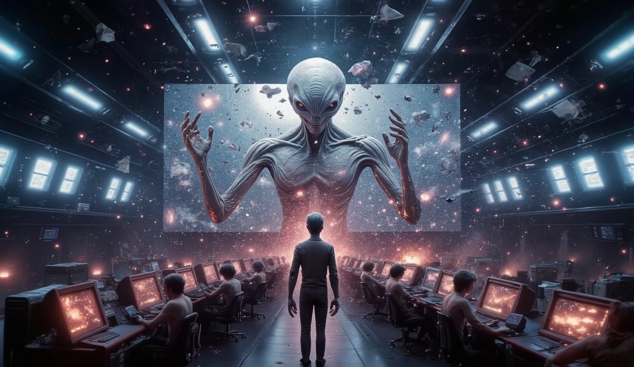 A tall, grey alien (Mr Grey type) violently emerging from a massive high-tech screen in a NASA control room — its upper body already breaching reality, long thin fingers stretching toward the viewer, eyes glowing with data streams. The lower body glitches with chaotic pixel distortions and digital tearing. Sparks, alarms, and flying papers fill the air. Scientists frozen mid-movement, some recoiling, others caught in motion blur. Futuristic monitors flash red, NASA logos visible. Cinematic lighting, sci-fi realism, intense digital-to-physical transition, chaotic atmosphere, dramatic 4D composition. Eerie, kinetic motion.