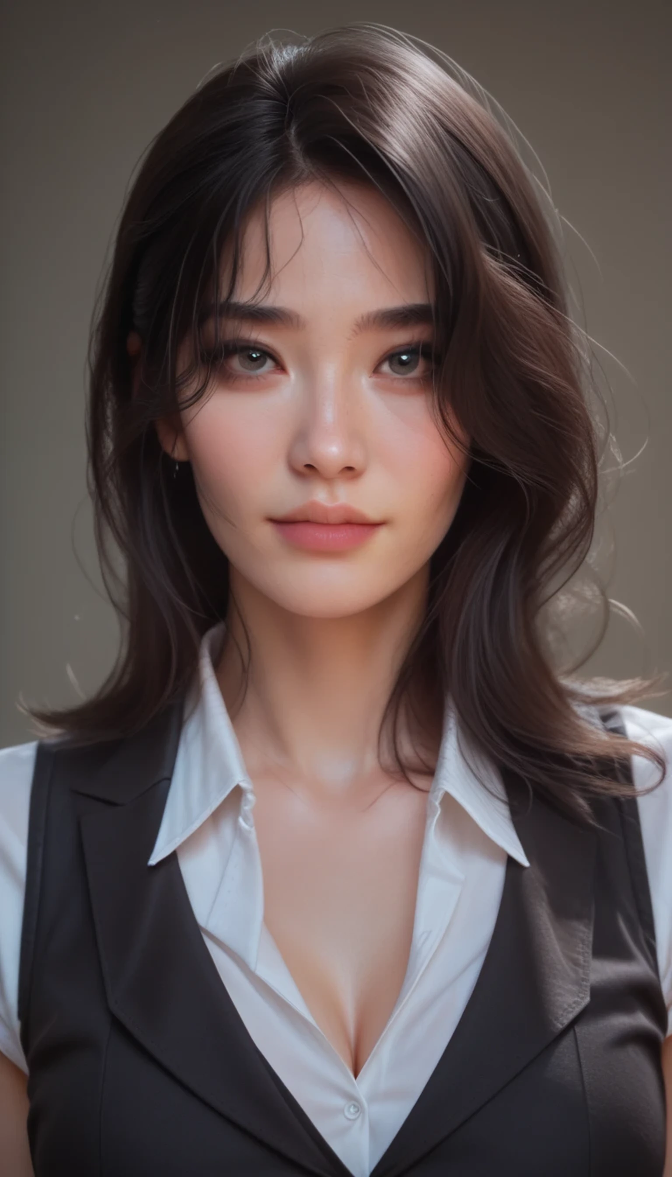 beautiful woman with large breasts, shoulder length black hair, seductive expression, looking at viewer, wearing a white collared shirt under sleek black vest, photorealistic, half body portrait