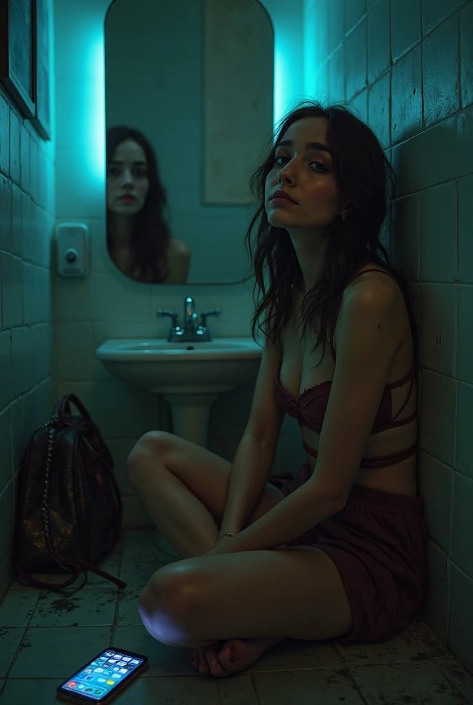 Create a haunting scene of a young woman standing in front of a broken mirror, the reflection in the mirror is a naked dark woman, in a very dark and gloomy room, A hyper realistic image, detailed, The woman only has black panties, of lace, small breasts.