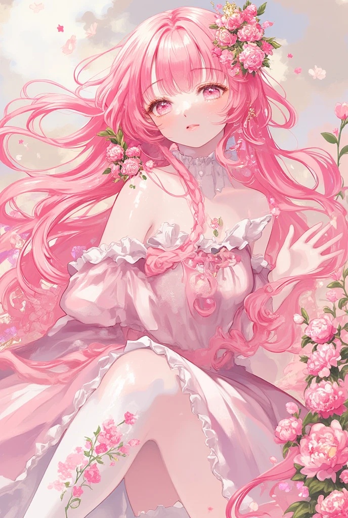 ((best quality, masterpiece)), ((style-swirlmagic):0.75)
1girl, pink long hair, glowing pink eyes, detailed, crimson light, detailed background, field of pink roses, white sundress, scary clouds, light particles, sitting on roses,
<lora:more_details:0.5>