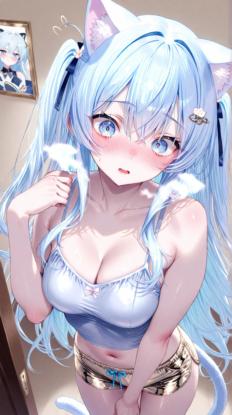 Create an anime girl with blue hair, blue eyes, blue horns, big tits, no clothes, white skin, masturbating
