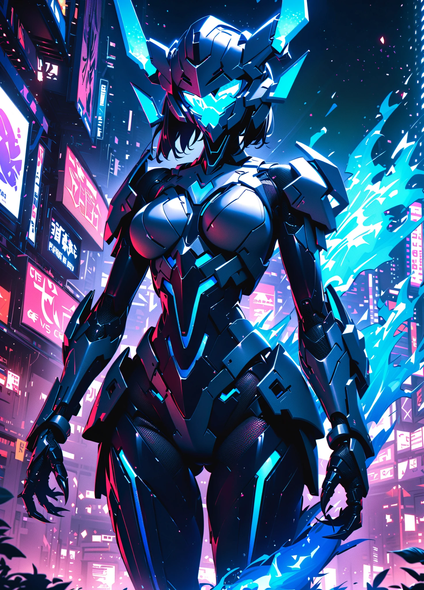 masterpiece, best quality, no humans,   ,  zzMarowakA, armored in futuristic tech, bone club transformed into a high-tech energy weapon, glowing blue fire from its claws, cybernetic enhancements on its skull and body, sleek, metallic armor reflecting neon lights, flame-tipped tail with blue energy trails, sci-fi cityscape in the background, glowing, cyberpunk aesthetic.
