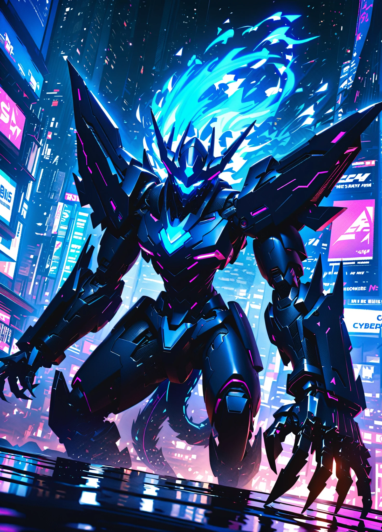 masterpiece, best quality, no humans,   ,  zzMarowakA, armored in futuristic tech, bone club transformed into a high-tech energy weapon, glowing blue fire from its claws, cybernetic enhancements on its skull and body, sleek, metallic armor reflecting neon lights, flame-tipped tail with blue energy trails, sci-fi cityscape in the background, glowing, cyberpunk aesthetic.