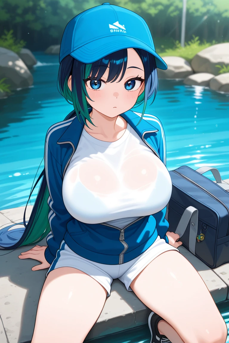 Big Breasts、pretty girl、Light blue hair、ponytail、high resolution、lake、Clean water、Beautiful sky、looking at the camera、Gym suit、Tight、Nipples