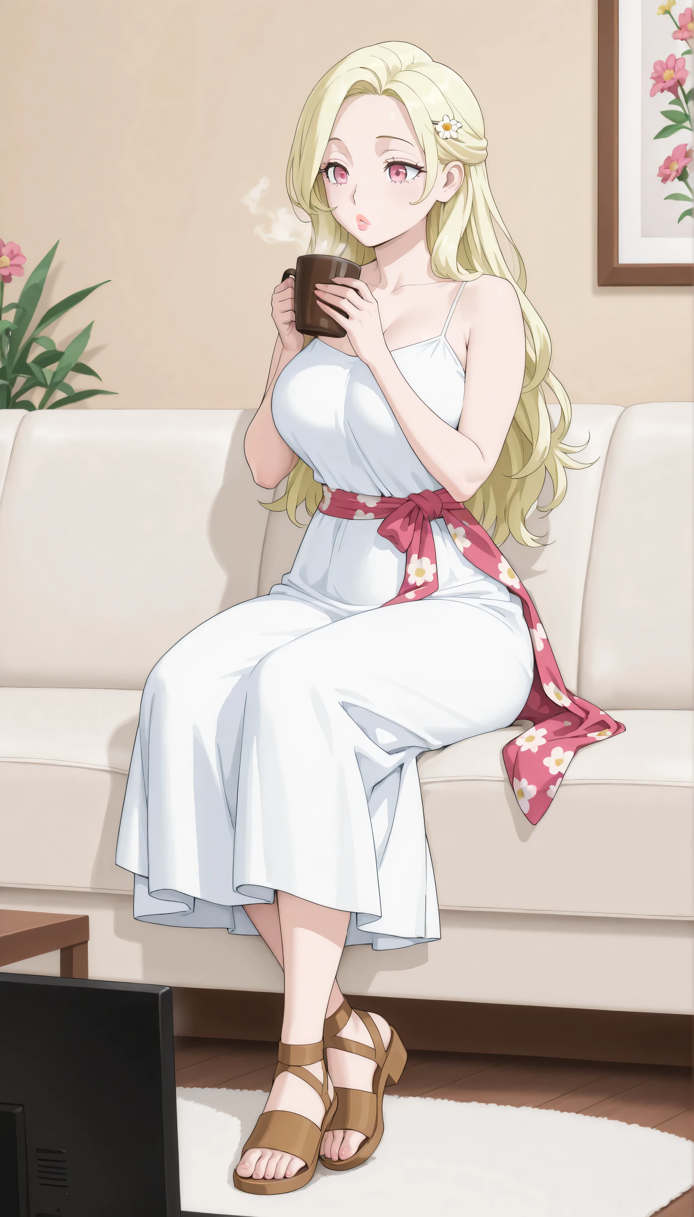 A mature extremely beautiful woman with straight long yellow-blonde hair, extremely fair white natural skin, big pink eyes, red plump glossy lips, a small waist, medium-sized breasts, and a perfect slim yet curvy body. She's only wearing a long ankle-length deep-yellow plain dress with spaghetti straps and a floral sash around its waist, a flower clip in her hair, and brown sandals. She's sitting on a couch, watching TV, drinking coffee, and has a plain expression. Show her full body and super hyper-detailed.