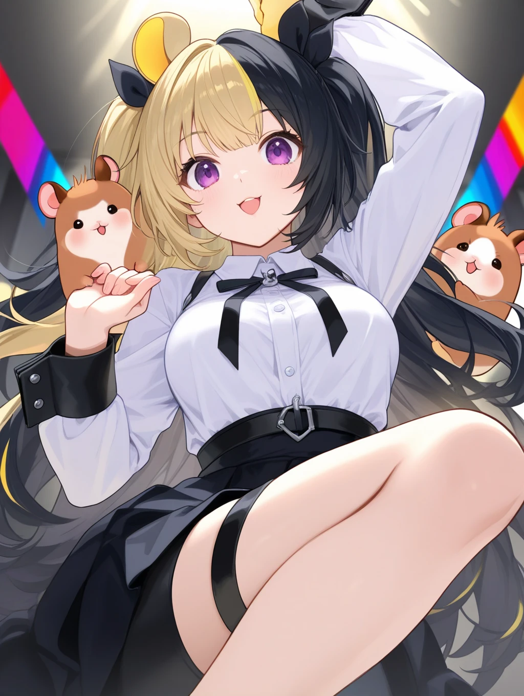 True-to-life imagery, detailed picture, 1 Elves. She has ruby eyes, There is a six-pointed star in each eye. she has blond hair. She is wearing a V-neck sweater, Decorated with heart shape. White pleated mini skirt. sports shoes. Large Breasts，Cleavage close-up, Willow Waist, Wide hips and thick legs. arching back. Open your mouth and smile. White background. unified background. Volumetric Light. Ambient Light