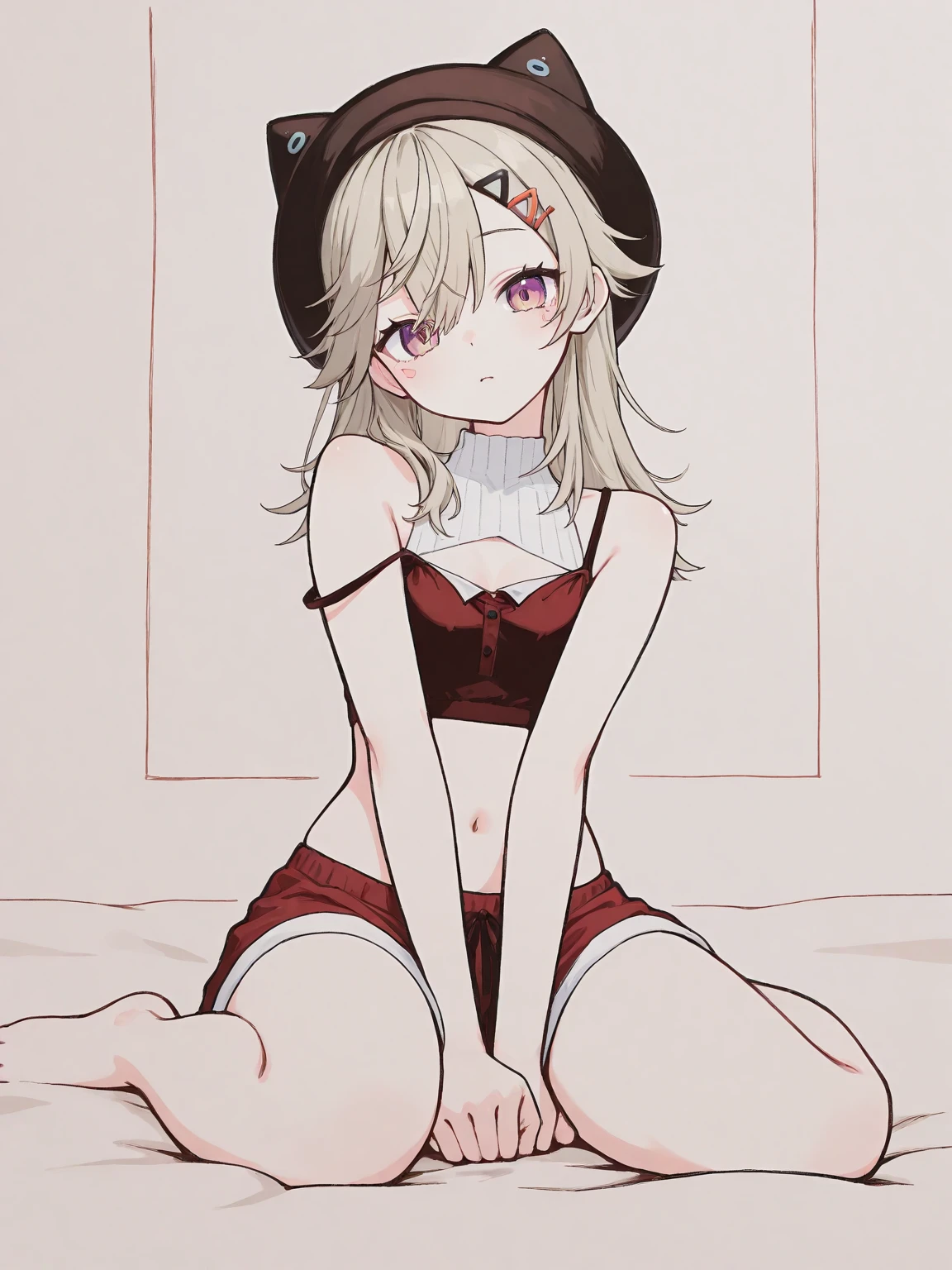 (8K, Best Quality, Ultra Detailliert, Highres, Absurdres, Perfect Anatomy:1.5, Masterpiece:1.5), (((1 Cute Girl))), (((perrine h. clostermann, perrine clostermann))), (((Yellow Eyes))), (((Black Glasses))), (((Long Long Hair:1.4, Bangs, Blust Bangs, Blonde Hair))), (((Black Cat Ears, Black Cat Tail))), (Slender Body, Dwarf:0.7), (((Small Breasts:1.0))), ((Big Hips:1.1)), (Smile:0.8), (Blush:1.1), (Ribbon Choker), (((Bikini, Floral Print))), (Wrist Scrunchie), Sandals, (Heart, <3), (Lying on Bed), (Arms Up), (Spread Leg), ((Posed Photo)), ((Wide-Angle Photo)), ((Simple BackGround, Simple Colour BackGround, Warm Colour BackGround)),