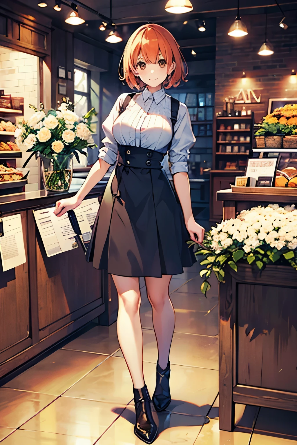 orange bob hair、brown eyes without goods、petite、young、Big Breasts、Full Body、One person、Smiling、かわいいFloristの店員、Florist、across the counter、front、high quality、4K、8K、high resolution、masterpiece、Super Detailed、Studio Lighting、extreme detail、professional、vivid colors、