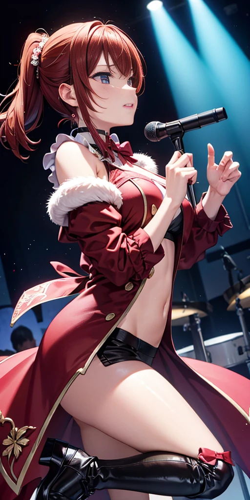 ((top-quality))、((masterpiece))、 (((独奏)))、(Very normal body)、1 Korean woman、(Super beautiful)、(ultra beautiful faces)、(A detailed face:1.1)、(Magenta hair)、Rock star、spreads her legs、(Steampunk costumes)、(Cool jackets and miniskirts:1.1)、(Small white panties are visible from under the skirt:1.2)、Clear pubic contours、The pubic area is transparent、Enamel High Heel Boots、red-lips、garterbelts、(Concert stage)、(Summer Sonic)、At SFW