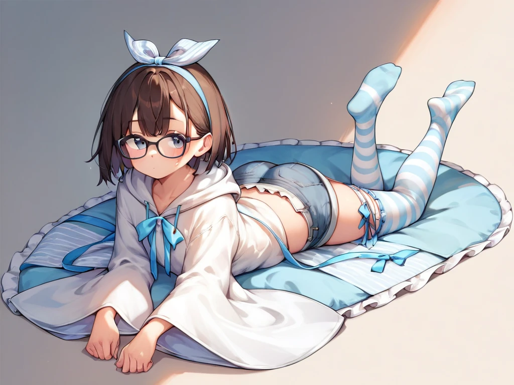(masterpiece), (best quality), ((ultra-detailed)), (high resolution), (an extremely delicate and beautiful, super fine illustration), official art, BREAK (1girl), (:1.6), (tiny girl:1.6), (8yo)lat chest:1.4), Plump, (Thick thighs:1.8), (big ass:1.5), erect nipples, Huge areola, large nipples, (long nipples:1.4), erect nipples, oily skin, BREAK droopy eyes, emerald blue eyes, (bad mood:1.5), (clear face:1.5), (half closed eyes:1.4), BREAK (bob cut:1.3), tired hair, messy hair, Black hair color, girl wearing round black glasses, BREAK [[open mouth]], (pajamas:1.3), (white socks:1.5), BREAK open legs, BREAK (Sweat:1.3), steam, humid, BREAK (messy room:1.4), BREAK (dynamic angle:1.4),
