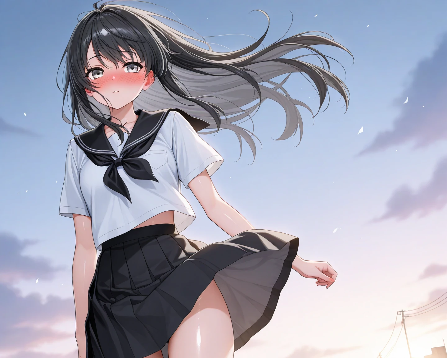 girl with black hair、a sailor suit、She lifts her skirt to reveal her white underwear.、Crying face、Cloudy juice dripping down my legs、hight resolution、hight resolution、high-level image quality