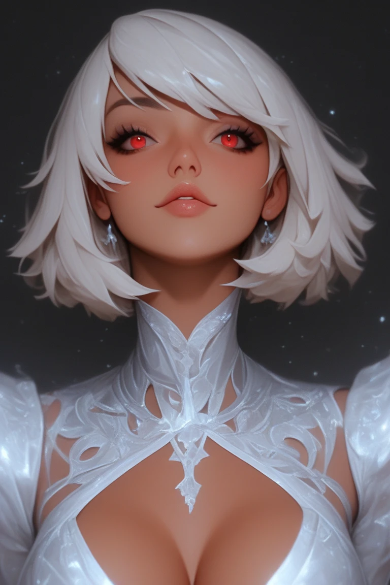 A beautiful female teenager with short white hair wearing a white cape with red eyes with a white body suit with big boobs
