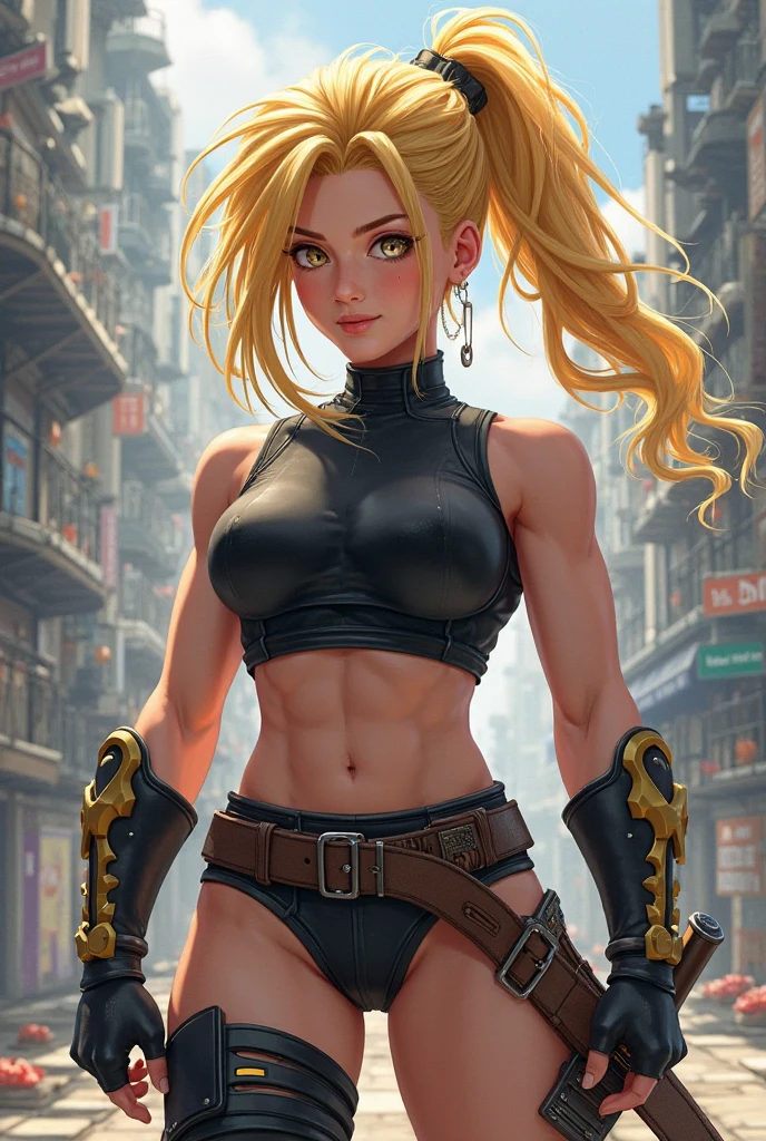 A beautiful blonde woman with three braids and deep red eyes, gazing condescendingly at the viewer with a cute grinning expression, extremely detailed and realistic, masterpiece quality, ultra-detailed, HDR, studio lighting, vivid colors, physically-based rendering, thick muscular thighs,A thief holding a knife and taking a fighting stance、Accurate thief costume