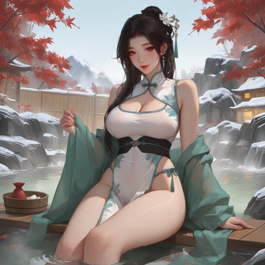 ((midnight, need, 8K, masterpiece:1.3)), Full body female, Leg length, key point:1.2, full image，，Japanese Beauty，Beautiful woman，Have a perfect body:1.4,((Dark brown hair, Huge breasts :1.2 )), (Low-cut，Deep V,)，Highly detailed face and skin textures, There are many people there，Exquisite eyes, Double eyelids，big eyes，Lovely big breasts，Teenage Girl，， Huge breasts ， Japanese Beauty，Ponytail，Shiranui，snow Mountain，Ice water，snow，snowing day，站在Ice water里，Standing in the water，The lower body is in the water，Huge breasts，超级Huge breasts，1 girl，Smile，Japanese cosmetics，so beautiful