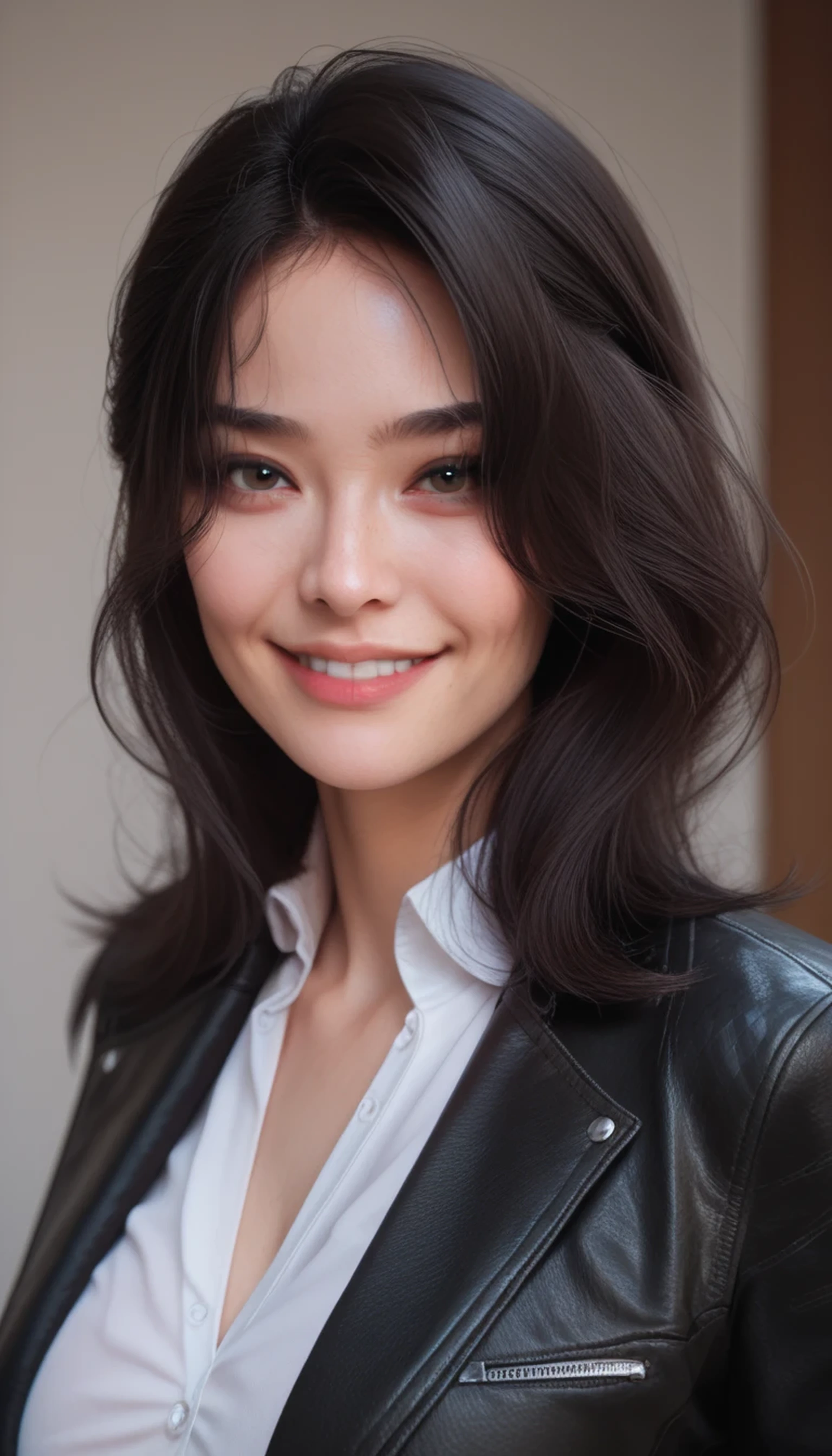 beautiful woman with large breasts, shoulder length black hair, smug expression, looking at viewer, wearing a white formal shirt with black leather jacket on top, photorealistic, half body portrait