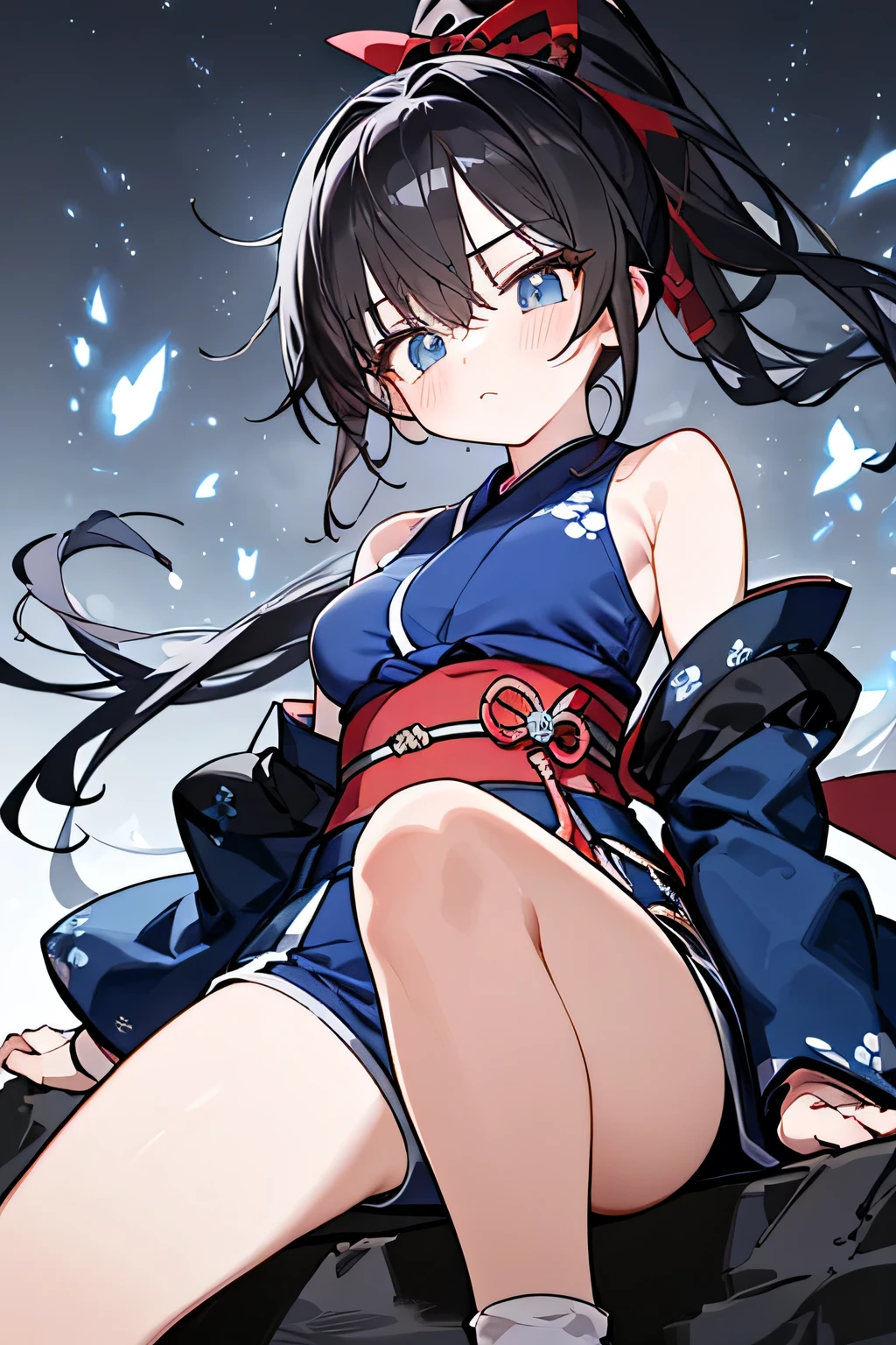 NINJA WIND，Beautiful girl，（cool x ponytail），Mysterious Atmosphere， natural body，Handcuffs x covers，（（Sleeveless x navy blue kimono＋Long hem x shorts，Knee-length x knee-length，）） socks，Detailed Clothes，（Slender Body，marshmallow breasts ，），BEAUTIFUL BLACK HAIR，Beautiful blue eyes ，well-groomed face，Clear Skin，Fair skin，Japanese face，