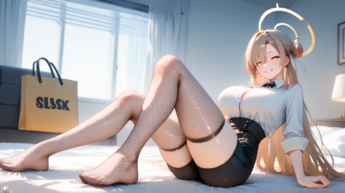 gray long hair，Good facial features，huge ，Smiling，Bust 150 cm，The breasts take up half the screen，The upper body is white yoga clothes，Waist-length hair，side view，profile，The figure is slightly chubby，Double tail，shy，The breasts take up half the screen，Blushing，stand，Simple background，in the classroom，lie on the floor