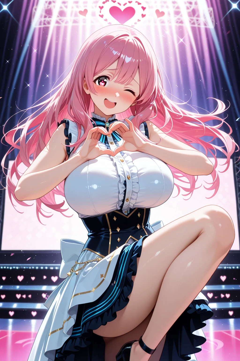 A pretty, naughty, busty idol singing with a microphone