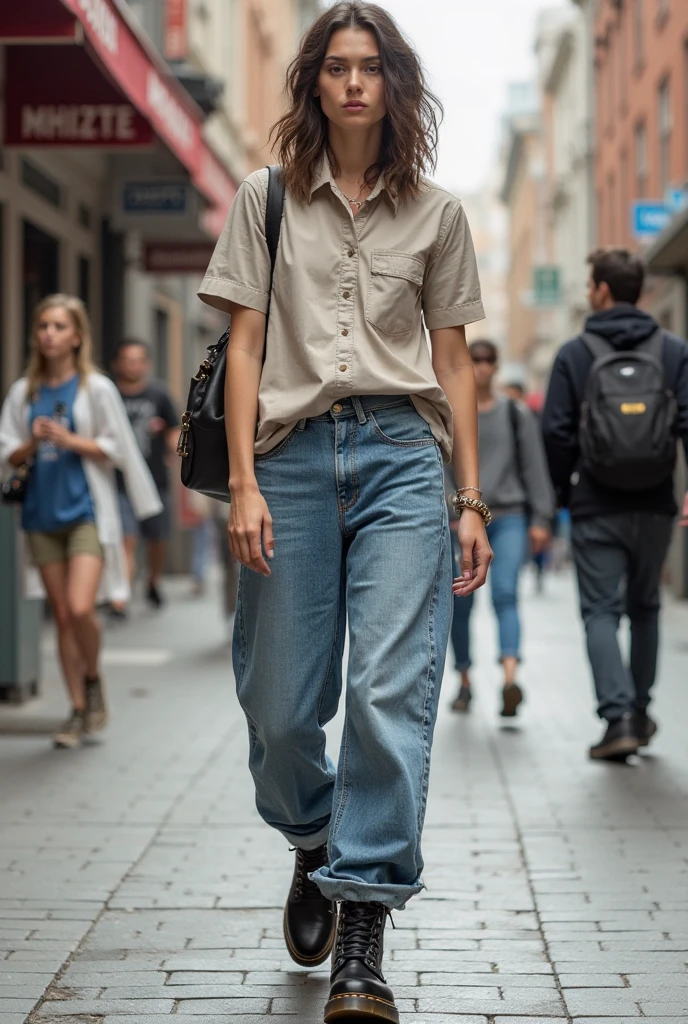 Create an image of a mulatto woman with wavy hair. She is dressed in a modern denim dungaree over a yellow t-shirt., wearing yellow All Star sneakers and yellow low-top socks. She is walking down a street where there is a legitimate Italian bakery. The scene is of a rainy day, with wet sidewalks and some puddles of water reflecting the streetlights.