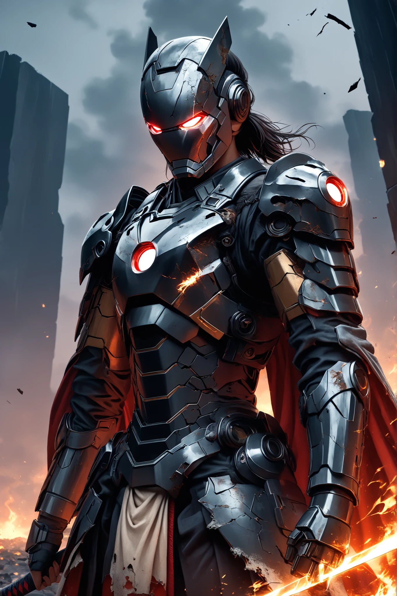 ((EXTREME QUALITY)), ((RAW Ultra 4K)), ((Masterpiece)), ((Ultra Cinematic)), ((High Detail)), ((HDR lighting)), ((film grain)), ((digital painting style)), ((moody atmosphere)), ((soft depth of field)), ((dynamic hip-up angle))
A heavily battle-worn Ronin Iron Man, hip-up view, standing tall with damaged black and grey stealth armor, cracked chest plate revealing faintly glowing arc reactor, scratches and burn marks across his helmet and shoulder guards, samurai-inspired armor with a single katana hilt subtly protruding from behind his left shoulder, no blade visible, just the handle wrapped in tattered cloth, cloak ripped and hanging loosely, embers floating in the air, fog creeping at the lower edge, visor flickering with damaged HUD, eyes glowing faintly through a cracked mask, cinematic lighting casting dramatic shadows, standing alone in a ruined battlefield with burning debris in the blurred background, atmosphere of exhaustion, silent resolve, and unstoppable will
