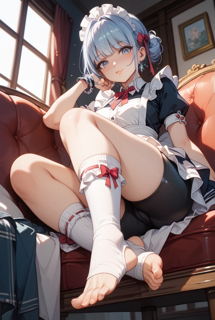 anime screencap, 1 girl, solo, grey hair, hair up, braid, ribbon, light blue eyes, blue outfit, thighhighs, shademc, shademon, full body, front view, sitting, sleeping, cowboy shot, indoors, train interior, wagon <lora:Alice Elliot:0.9>
