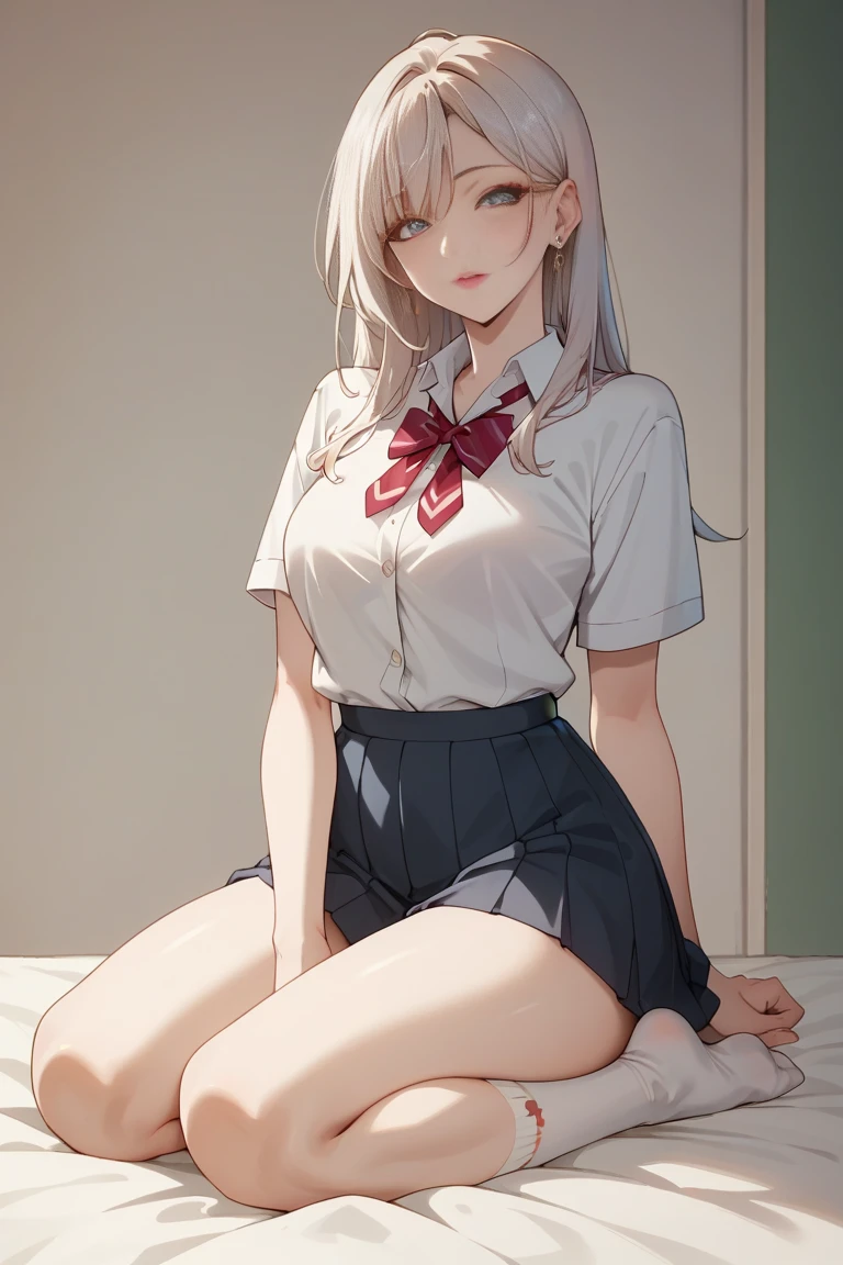 photorealisim、top-quality、超A high resolution、NSFW、Japanese high school girl、Girl in uniform poses with M-shaped legs spread on bed、Looking at the camera、Extraordinary beautiful girl、Highlights of cheek luster、Detailed cute and beautiful face、(pureerosface_v1:0.008)、shorth hair、Asymmetrical hairstyle、Glowing white shiny skin、Silky hair、finer hair、High-definition eyes、Brown-eyed、 Big eyes shine charmingly、eye liner、Double eyelids、Full body like、dismay、red blush、embarrassed from、glares、 shiny little necklace and earrings, shiny lips: 1.4, humiliated、impatience、dismay、Frightened、glares、Exposed 、(A large amount of sperm in the chest:1.4)(Large amount of sperm in the thighs:1.2)、red blush、Tears are embarrassing、Satin fabric underwear、Open knees、open one's legs、Disheveled clothes、Dressing、Black knee socks、Exposed panties、Wearing sweat、sodden、Neat and clean woman,23 years old, Medium Long Hair,In the bedroom late at night,