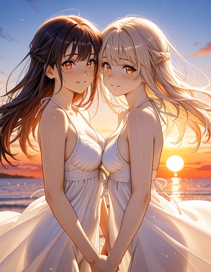 2girls, hugging, white sundress, outdoors, , purple sunset, summer sunset in a different world, multiple beautiful planets in the sky, a girl living in a different world, , joyful smile, , cleavage, binary sunset, two suns