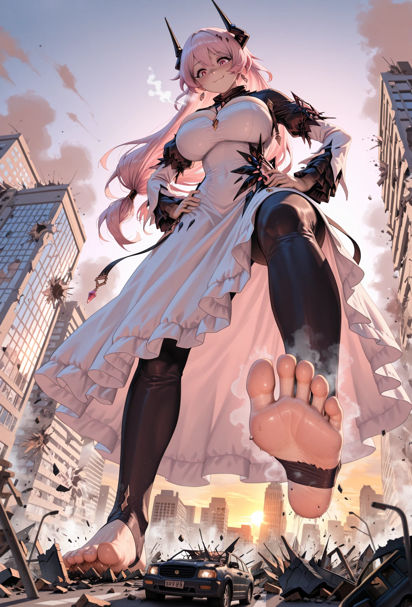 Sexy giantess woman with very hot dress, red hair, and blue eyes walks with her long hot legs, destroying the whole city in her way. She is looking down at the little humans who are at the height of her heels with a face of contempt towards them. Giantess, Goddess, sexy legs, heels, hot, curvaceous body, mommy issues, small town, small people, tiny people, macrophilia, perspective from below, high quality, almost naked, mature woman